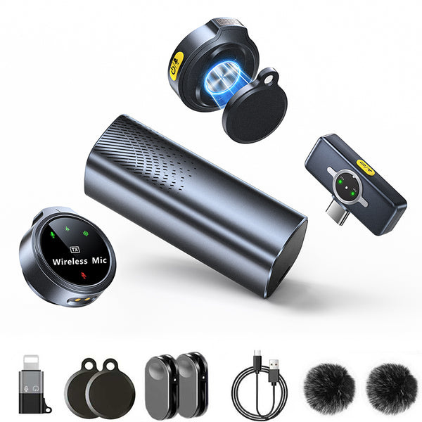 Caiord 2 Pack Wireless Lavalier Microphone with Charge Case Compatible with iPhone iPad Android , Mini Clip/Magnetic Mic for Lightning/USB-C Smart Device Video Recording, fit for YouTube, Vlogging, I